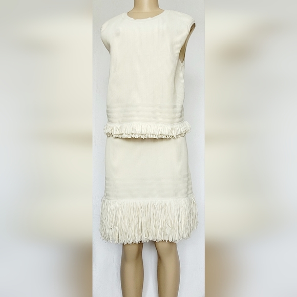 Express Elegant Luxe Ribbed Fringe Set Top+Skirt Stretch Cream Medium New - Picture 5 of 16